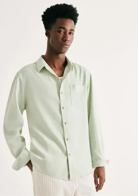 Camisa Básica Masculina Manga Longa Slim Em Linho - Verde M