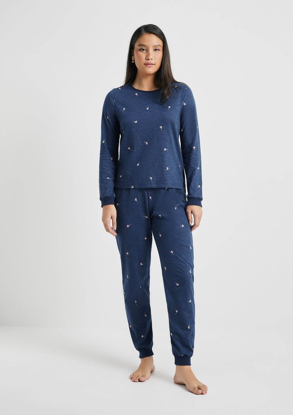 Pijama Longo Feminino Estampado Em Malha Flamê - Azul XG