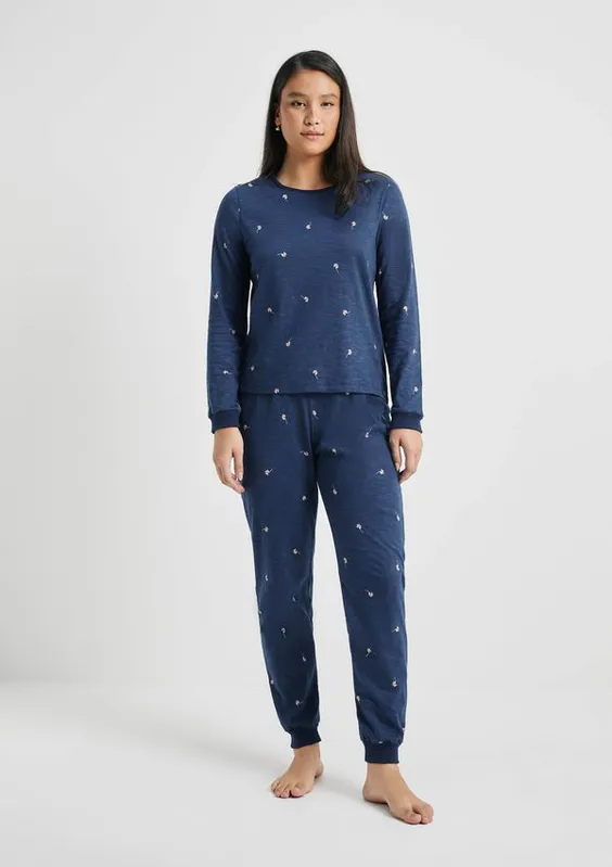 Pijama Longo Feminino Estampado Em Malha Flamê - Azul XG