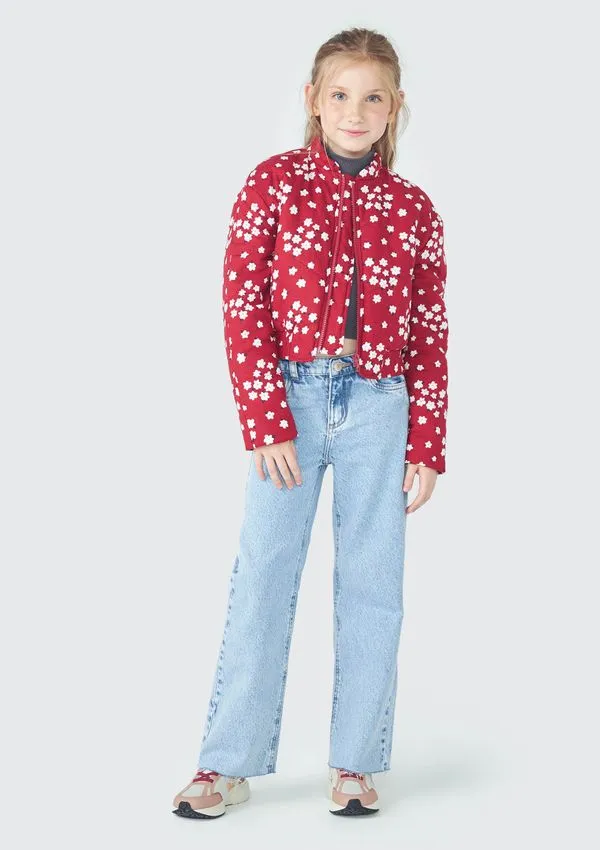 Jaqueta Cropped Infantil Menina Estampada - Vermelho 008