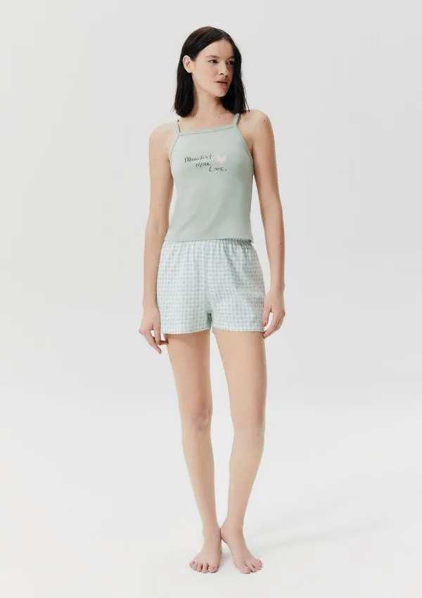 Pijama Curto Feminino Estampado Em Ribana - Verde M