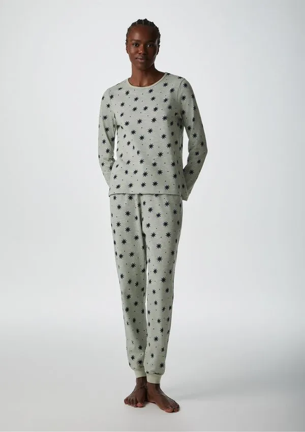 Pijama Longo Feminino Estampado Em Malha Flamê - Verde M