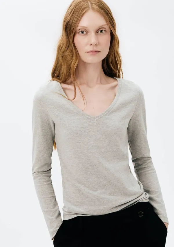 Blusa Básica Feminina Manga Longa Slim Decote V - Cinza XP