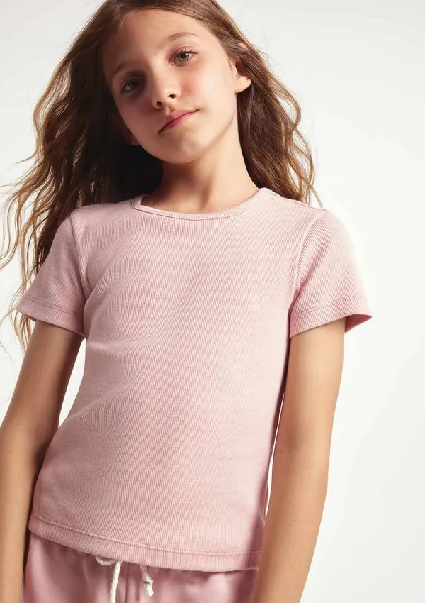 Blusa Manga Curta Infantil Menina Em Ribana - Rosa 006