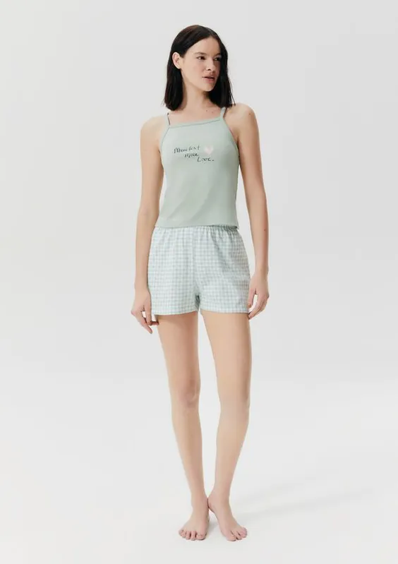 Pijama Curto Feminino Estampado Em Ribana - Verde XG