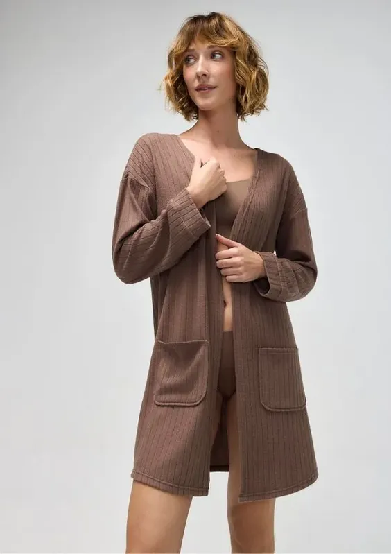 Robe Manga Longa Em Tricô - Marrom P