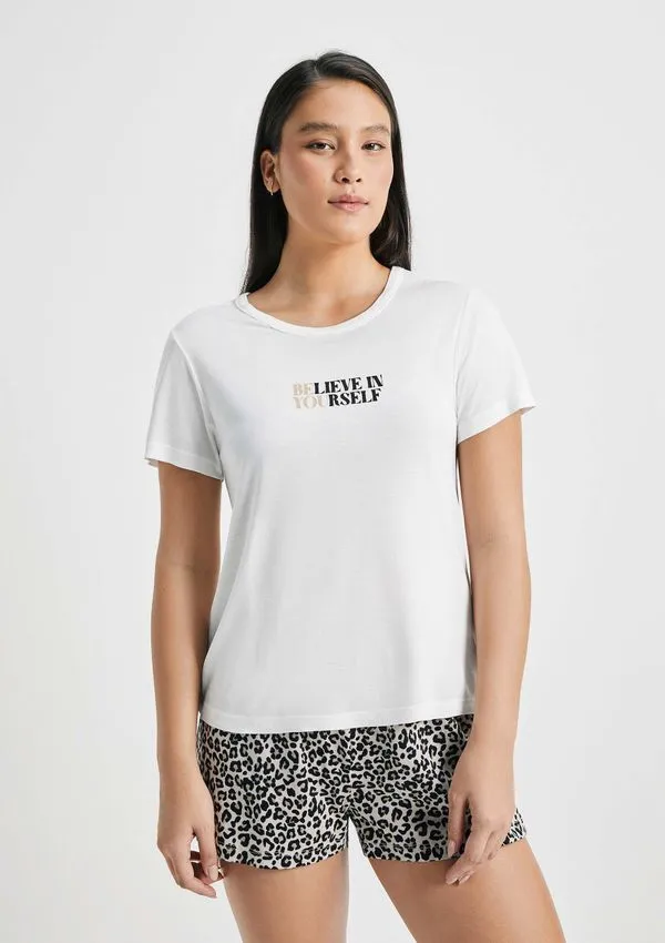 Pijama Curto Feminino Estampado - Bege P