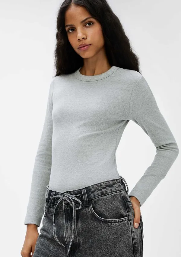 Blusa Feminina Manga Longa Slim Em Ribana - Cinza XP