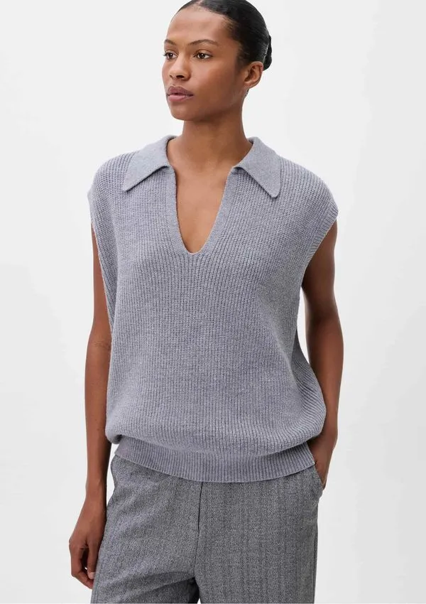 Colete Feminino Gola Polo Em Tricô - Cinza M