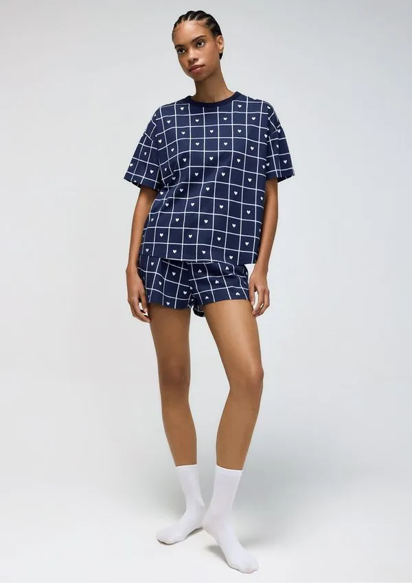 Pijama Curto Feminino Estampado Oversized - Azul XP