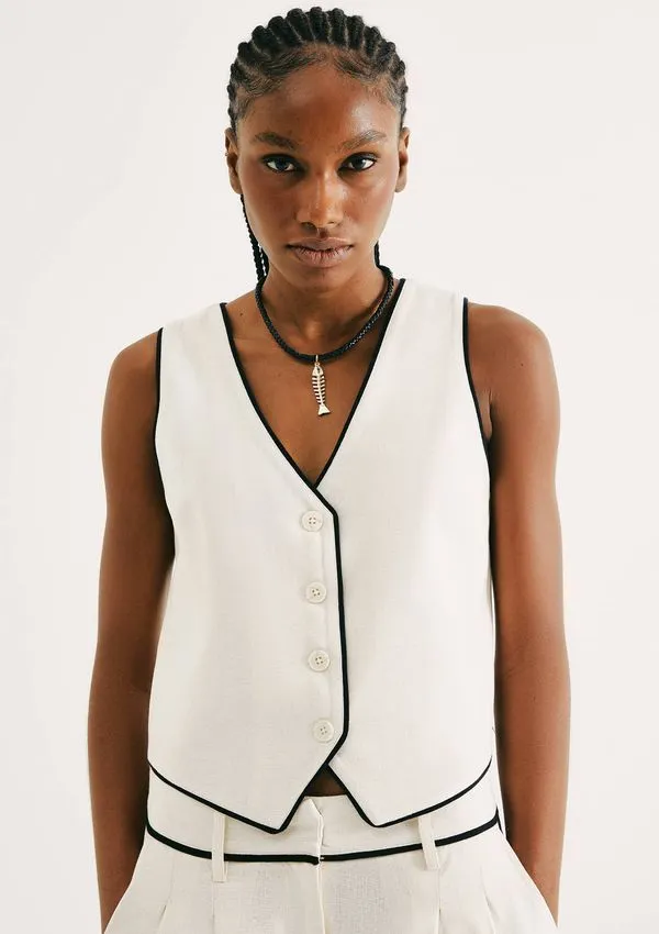 Colete Feminino Decote V Com Linho - Off white P