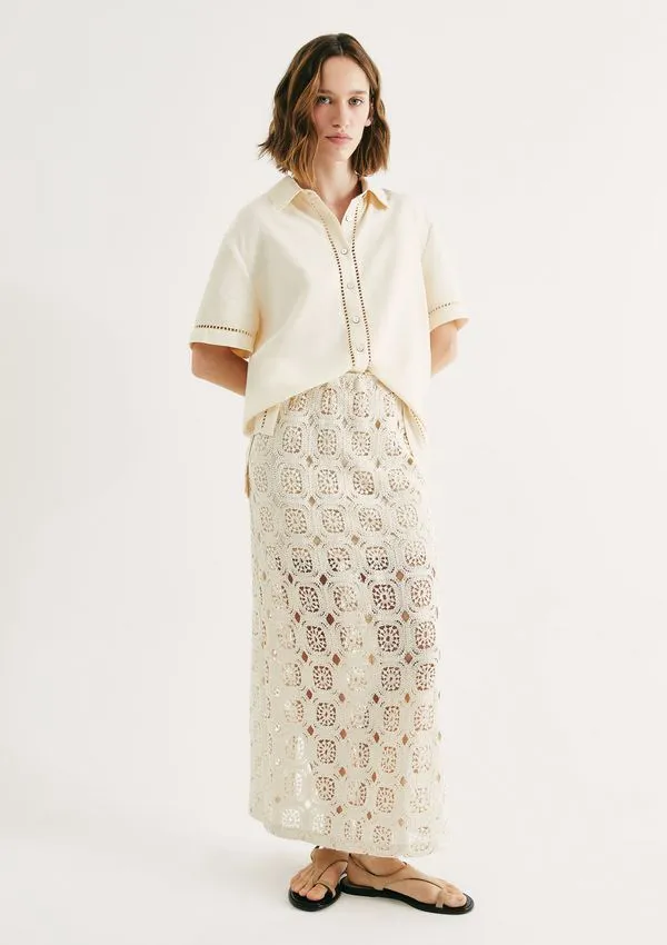 Saia Midi Cintura Média Em Crochê - Off white P
