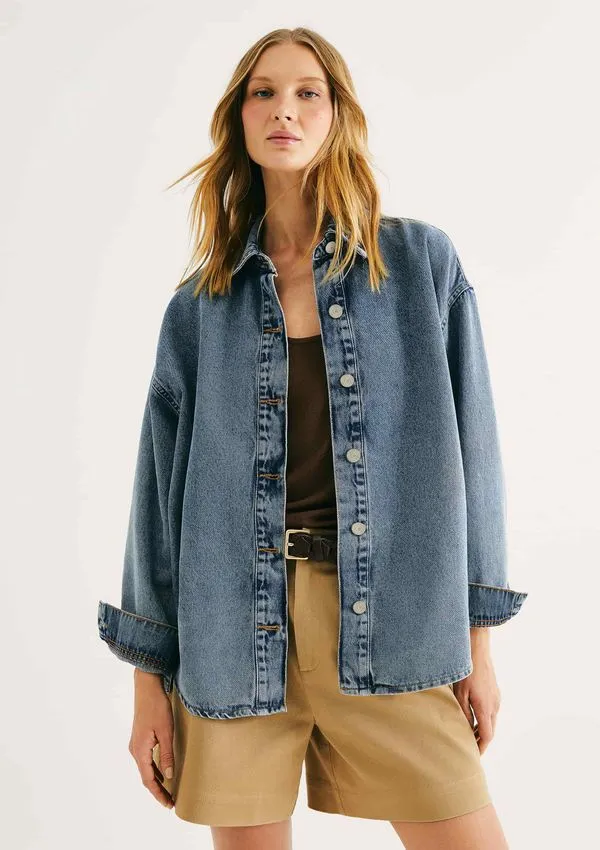 Camisa Feminina Oversized Jeans - Azul M