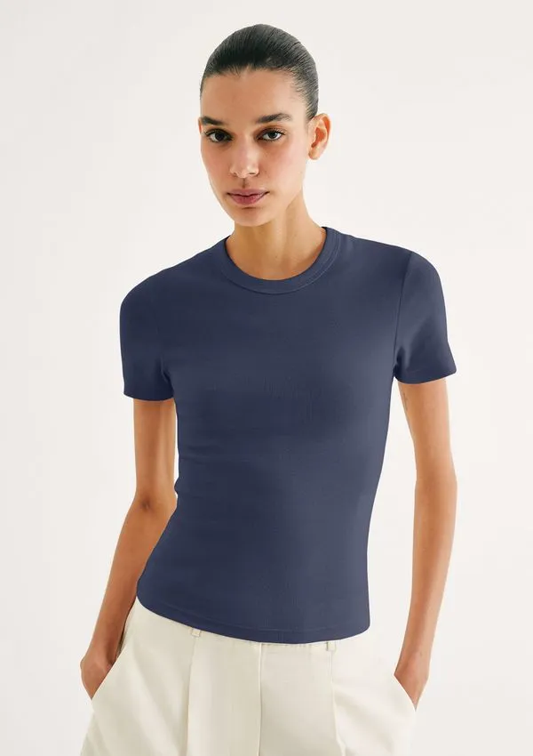 Blusa Feminina Manga Curta Slim Em Ribana - Azul M