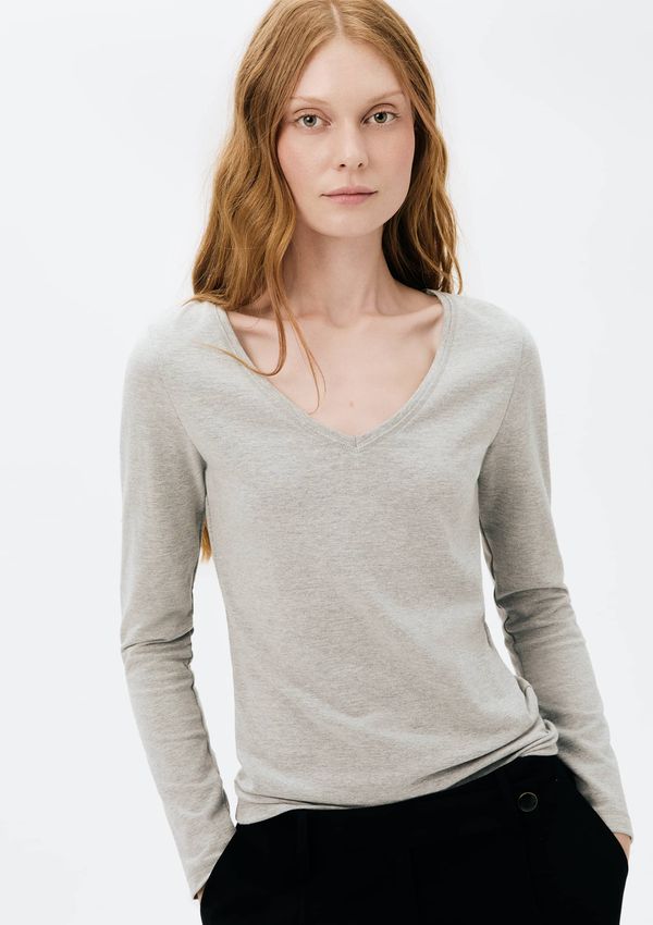 Blusa Básica Feminina Manga Longa Slim Decote V - Cinza P
