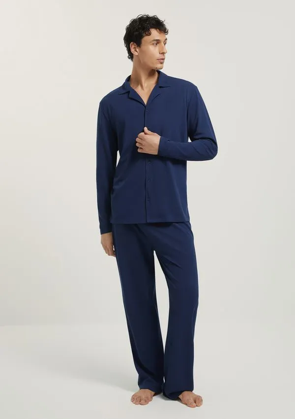 Pijama Longo Masculino Americano Em Malha Piquet - Azul XXG