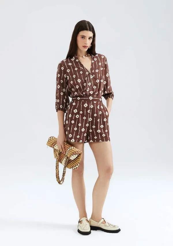 Shorts Feminino Estampado Com Pregas - Marrom P