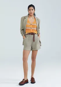 Shorts Feminino Cintura Alta Com Linho - Caqui 038