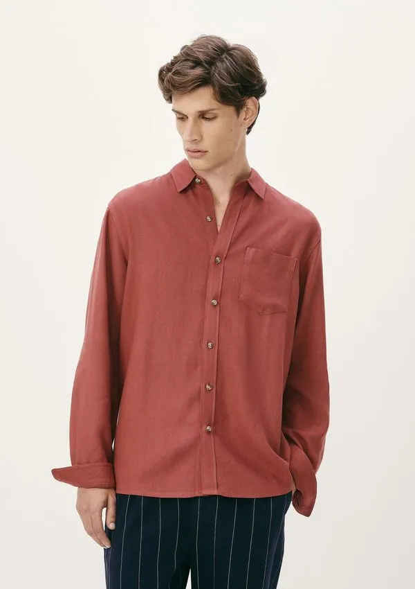 Camisa Básica Masculina Manga Longa Slim Em Linho - Vermelho P