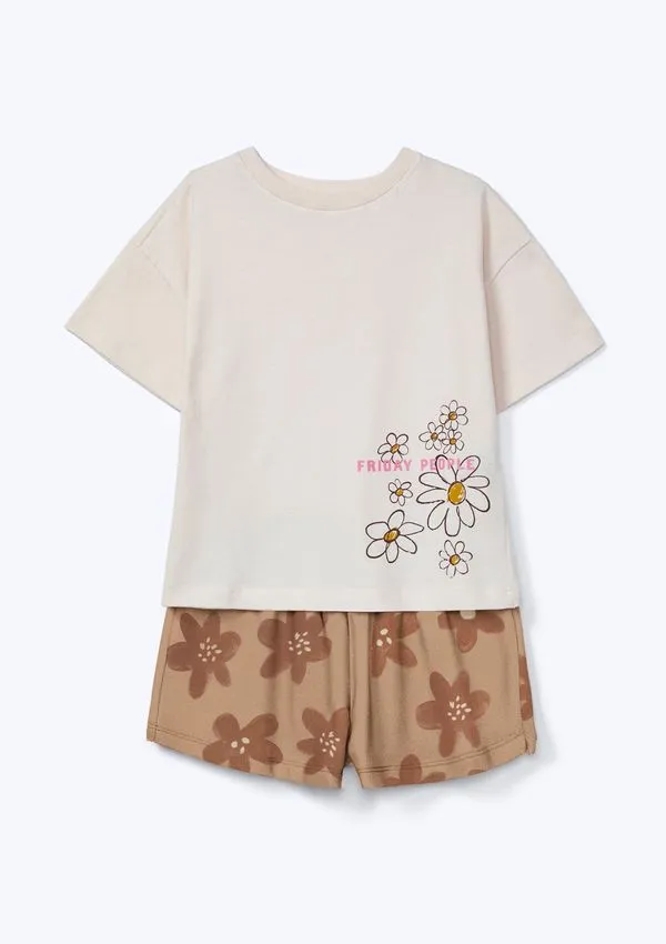 Conjunto Infantil Menina Curto Estampado - Bege 014