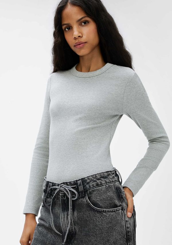 Blusa Feminina Manga Longa Slim Em Ribana - Cinza G