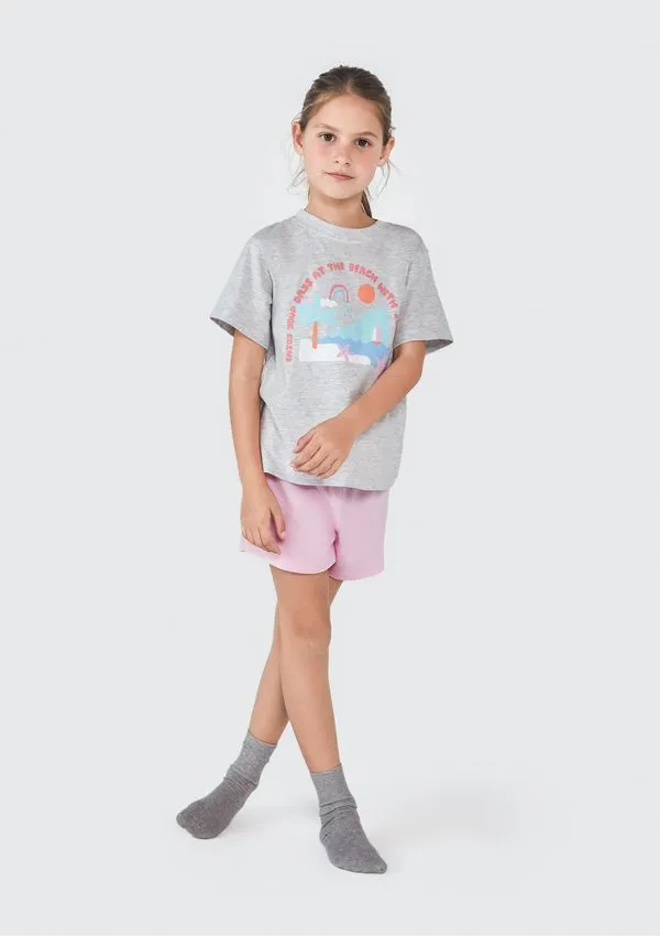 Pijama Infantil Menina Curto Com Estampa - Cinza 006