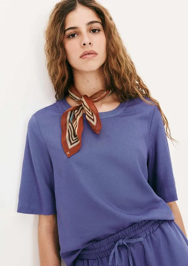 Blusa Feminina Manga Média Com Linho - Azul P