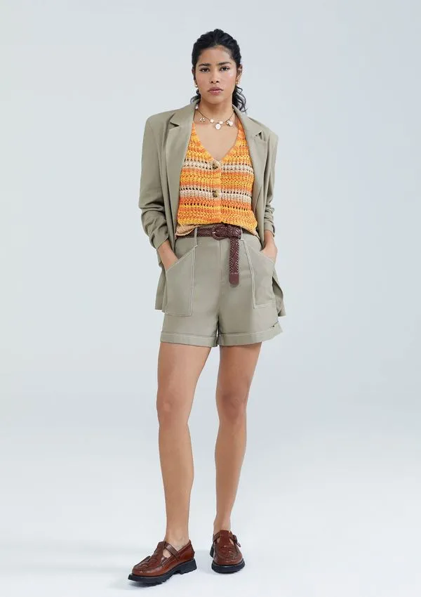 Shorts Feminino Cintura Alta Com Linho - Caqui 042