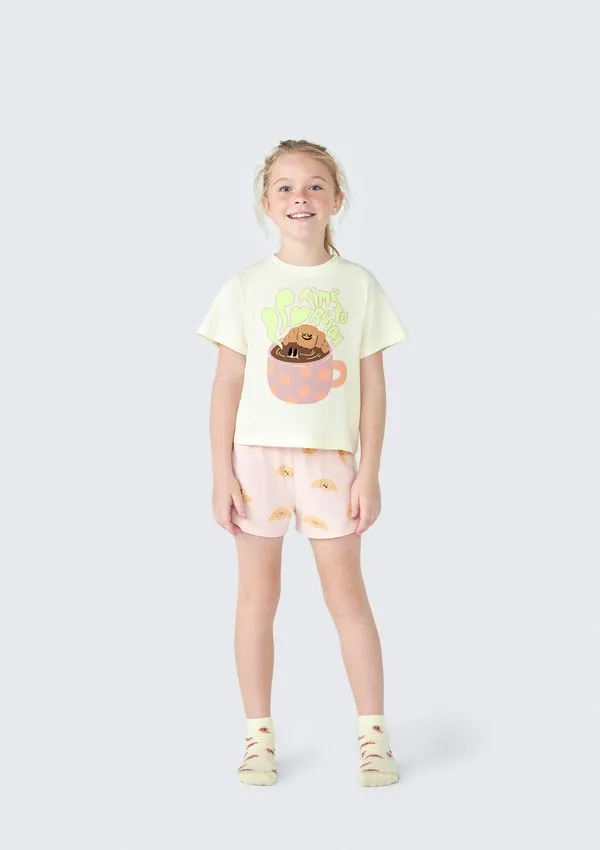 Pijama Infantil Menina Curto Com Estampa Que Brilha no Escuro - Amarelo 004