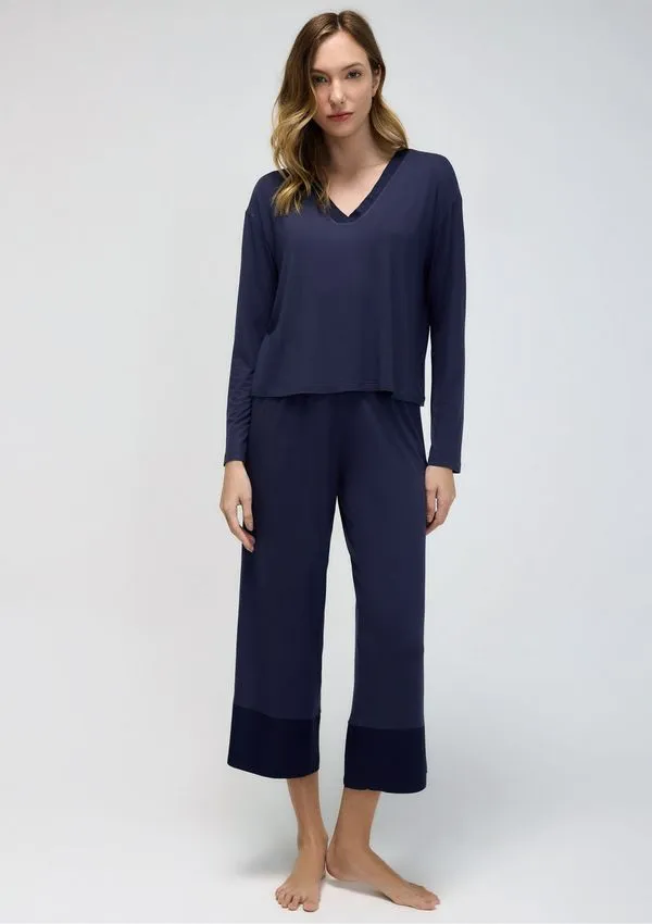 Pijama Longo Feminino Em Viscose - Azul P