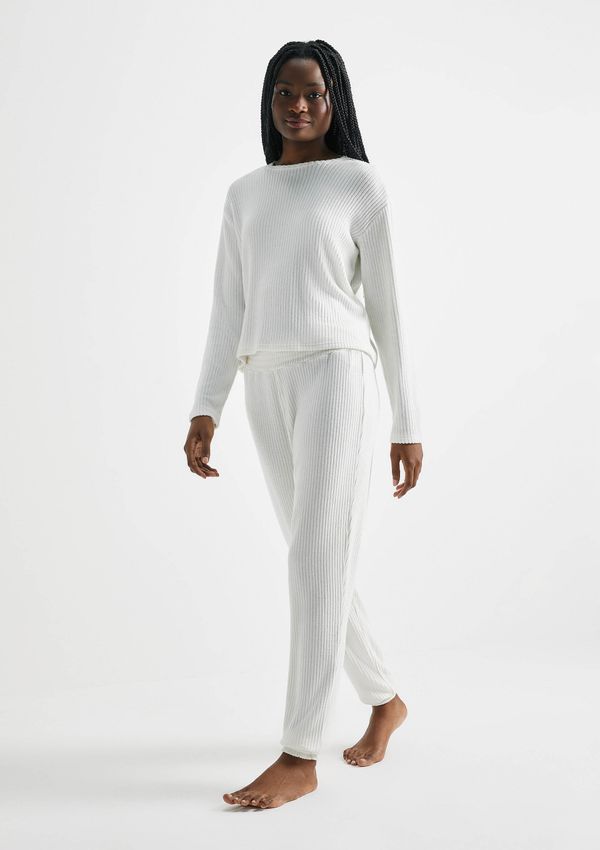 Pijama Longo Feminino Em Tricô Canelado - Off white G