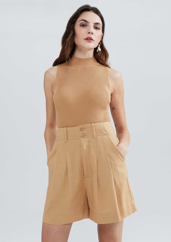 Shorts Feminino Em Alfaiataria Com Linho - Bege 046