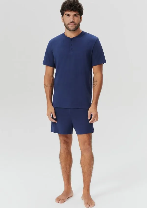 Pijama Curto Masculino Decote Henley Em Malha Premium - Azul G