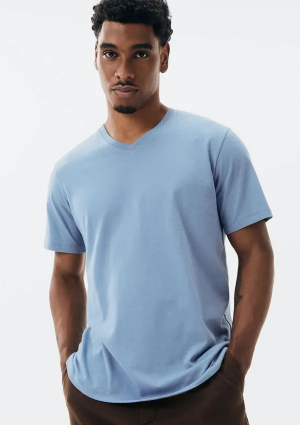 Camiseta Básica Masculina Manga Curta Decote V World - Azul M