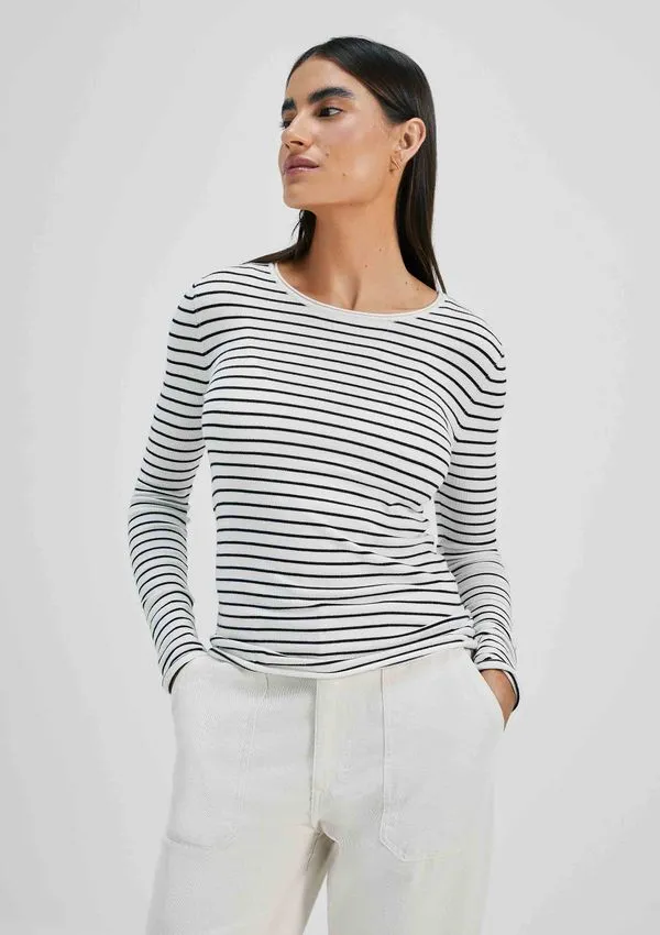 Blusa Feminina Manga Longa Slim Listrada Em Tricô - Branco XG