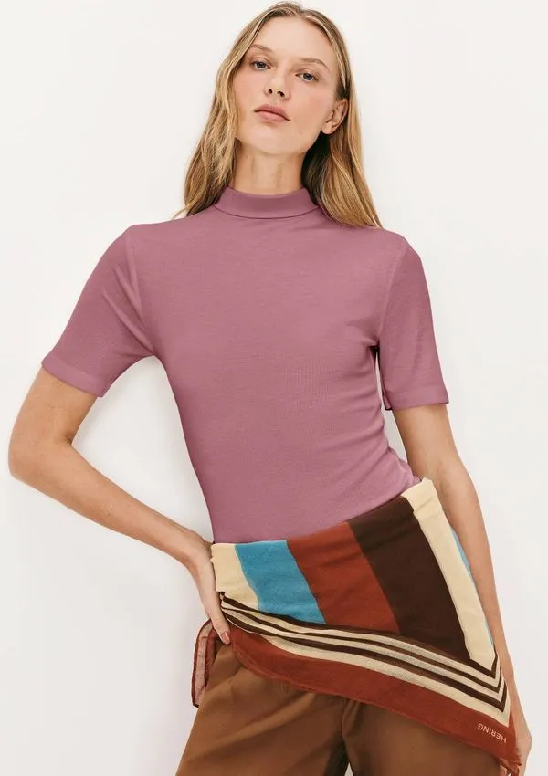 Blusa Básica Feminina Gola Alta Em Ribana Canelada - Rosa XP