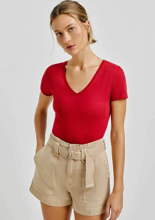 Blusa Básica Feminina Slim Decote V - Vermelho M