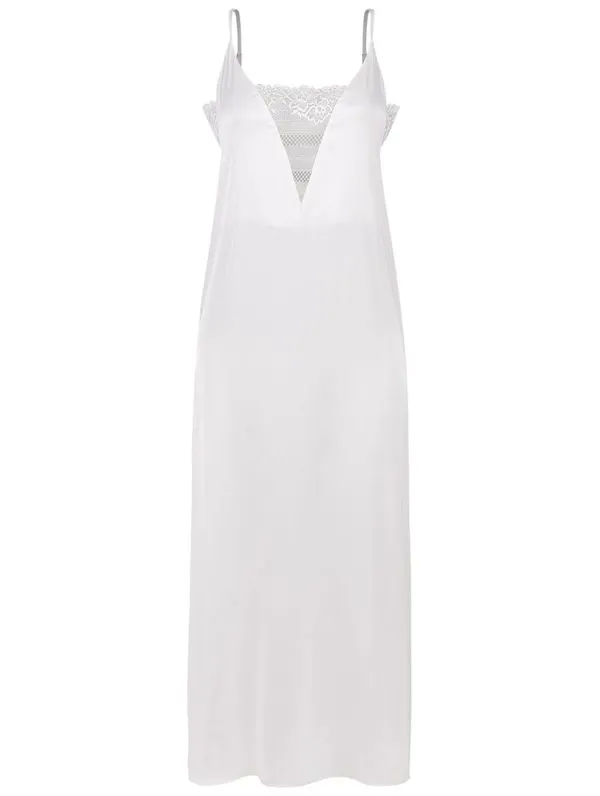 Camisola Longa Alças Finas Em Cetim Com Renda Valência Honeymoon Off White G