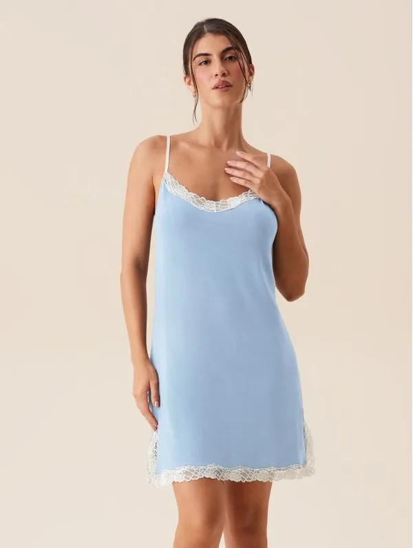 Camisola Alças Finas Em Viscose E Renda Moon Azul Tule P