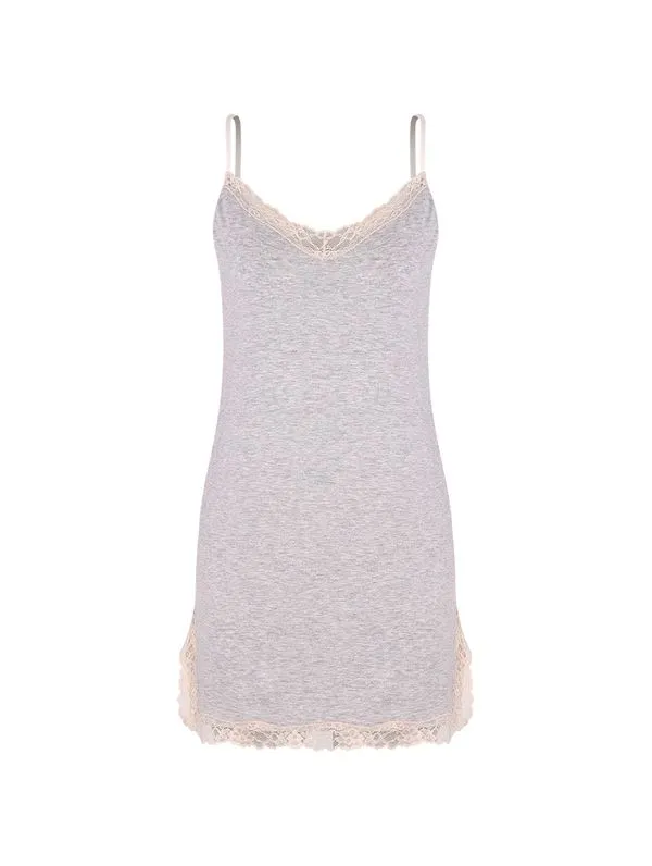 Camisola Alças Finas Em Viscose E Renda Moon Cinza Mescla Claro EG