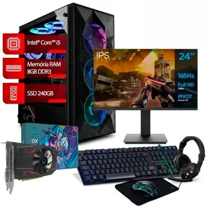 PC Gamer Completo i5, 8GB, 240GB SSD, Linux, OX + Monitor Gamer OX Pivot 24" FHD + Placa de Vídeo OX AMD Radeon RX550, 4GB GDDR5 + Kit Gamer OX Loot
