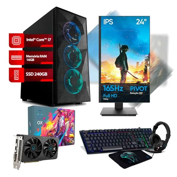Pc Gamer Completo I7 4ª Geração RAM 16GB SSD 240GB Linux OX + Monitor Gamer Pivot 24" OX + Placa de Vídeo OX AMD Radeon RX580 8GB GDDR5 + Periféricos