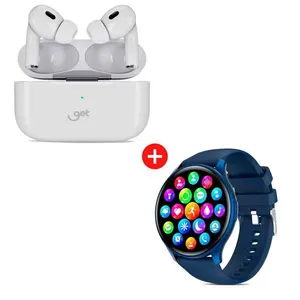 Fone de Ouvido TWS Bluetooth Get Buds Lite Branco + Smartwatch Get Watch Easy Tela Touch AMOLED 39mm Bluetooth 5.0 Azul