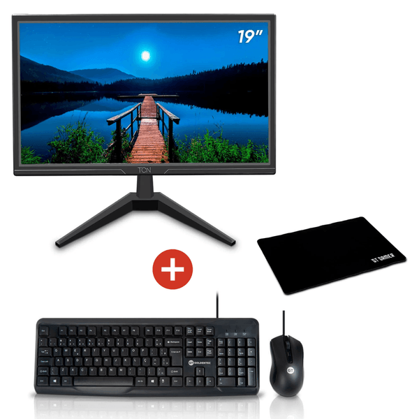 Kit Monitor Office 19" LED HD Flat TCN, 60Hz, 5ms + Teclado e Mouse c/ fio Black Elegance + Mousepad Gamer | Goldentec