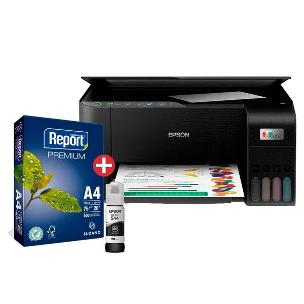 Kit Impressora Multifuncional Epson Ecotank L3250 Colorida Wi-Fi Conexão USB Bivolt + Refil Tanque Tinta Epson T544, Preto + Resma de Papel A4 Suzano