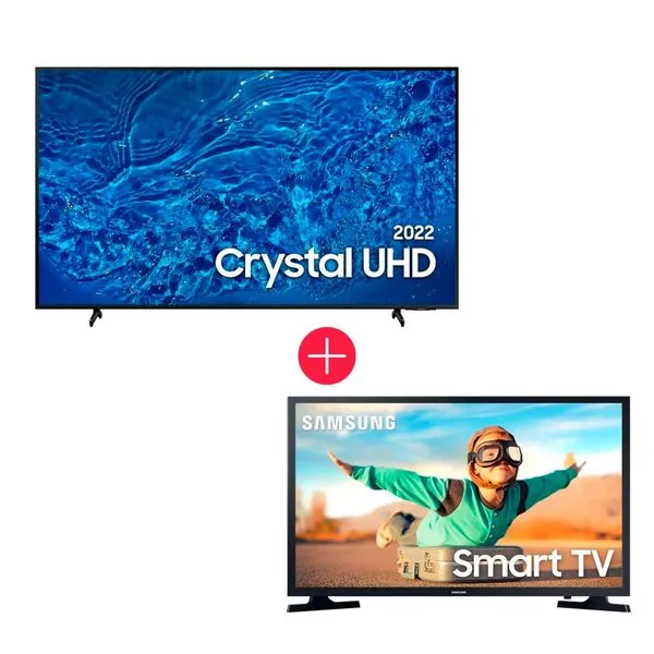 Kit com Smart Tv 85" Samsung Crystal UHD 4K 2022 85BU8000, Design slim + Smart Tv 32" Samsung LED 32T4300 Tizen 2 HDMI 1 USB HD-Wi-Fi