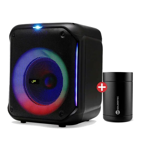 Caixa de Som Bluetooth TWS GET, Cube 2 + Can Cooler Goldentec para Lata e Long neck Preto