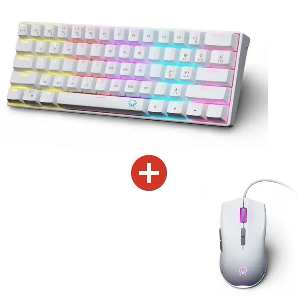 Teclado Gamer Mecânico OX Moon TKL 60% USB Anti Ghosting Branco + Mouse Gamer OX Astra RGB 7200dpi, USB, 7 botões, Branco