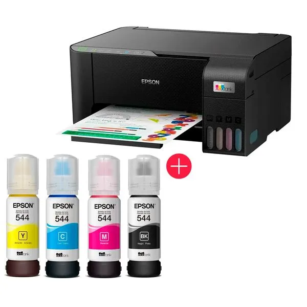 Impressora Multifuncional Epson Ecotank L3250 Colorida Wi-Fi USB - C11CJ67303 + Refis de Tinta Epson T544 65ml Amarelo, Ciano, Magenta e Preto