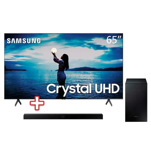 Smart TV 65" Crystal UHD TU7020 4K 2020 Samsung + Soundbar Samsung HW-T555, com 2.1 canais, Potência de 320W, Bluetooth, Subwoofer Sem Fio